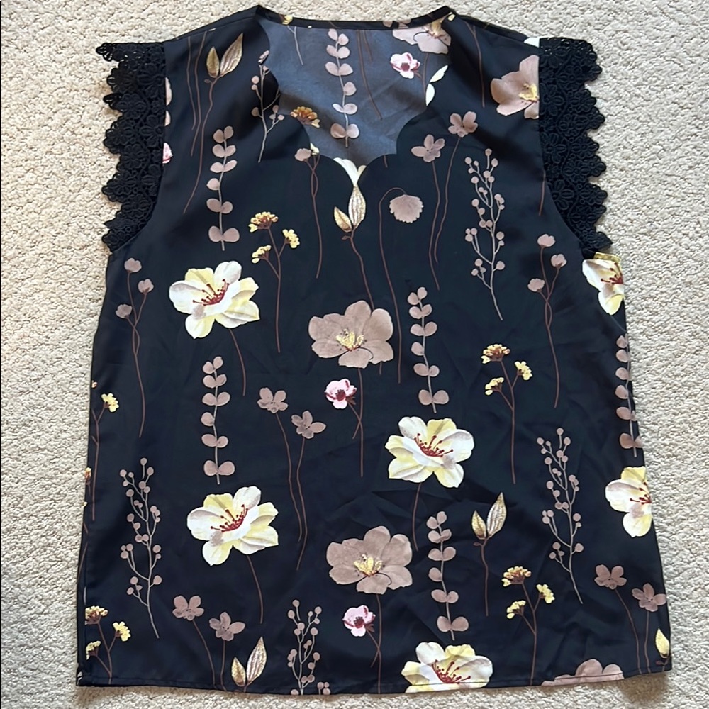 Ruffled Black Sleeveless Blouse with Notched Collar